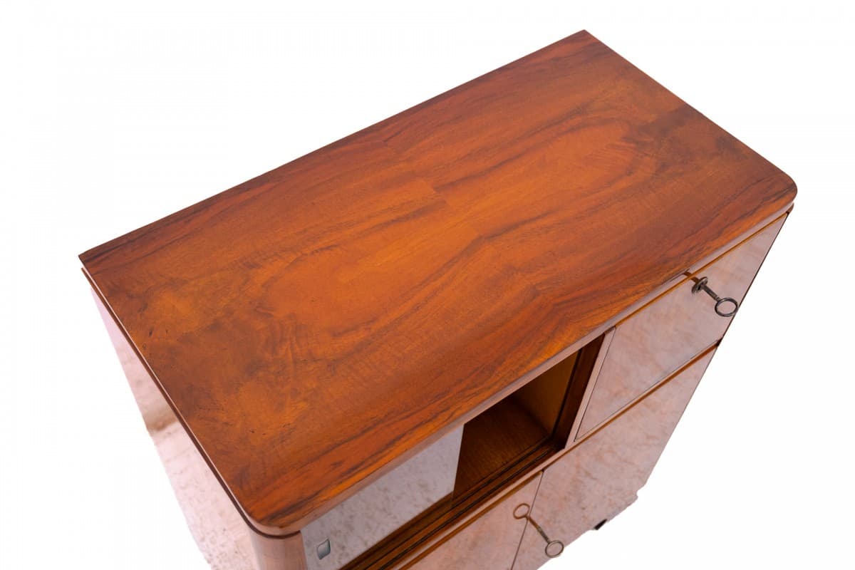 Komoda Art Deco, orzech brązowy, szkło, metal, Polska, lata 40. - 355902