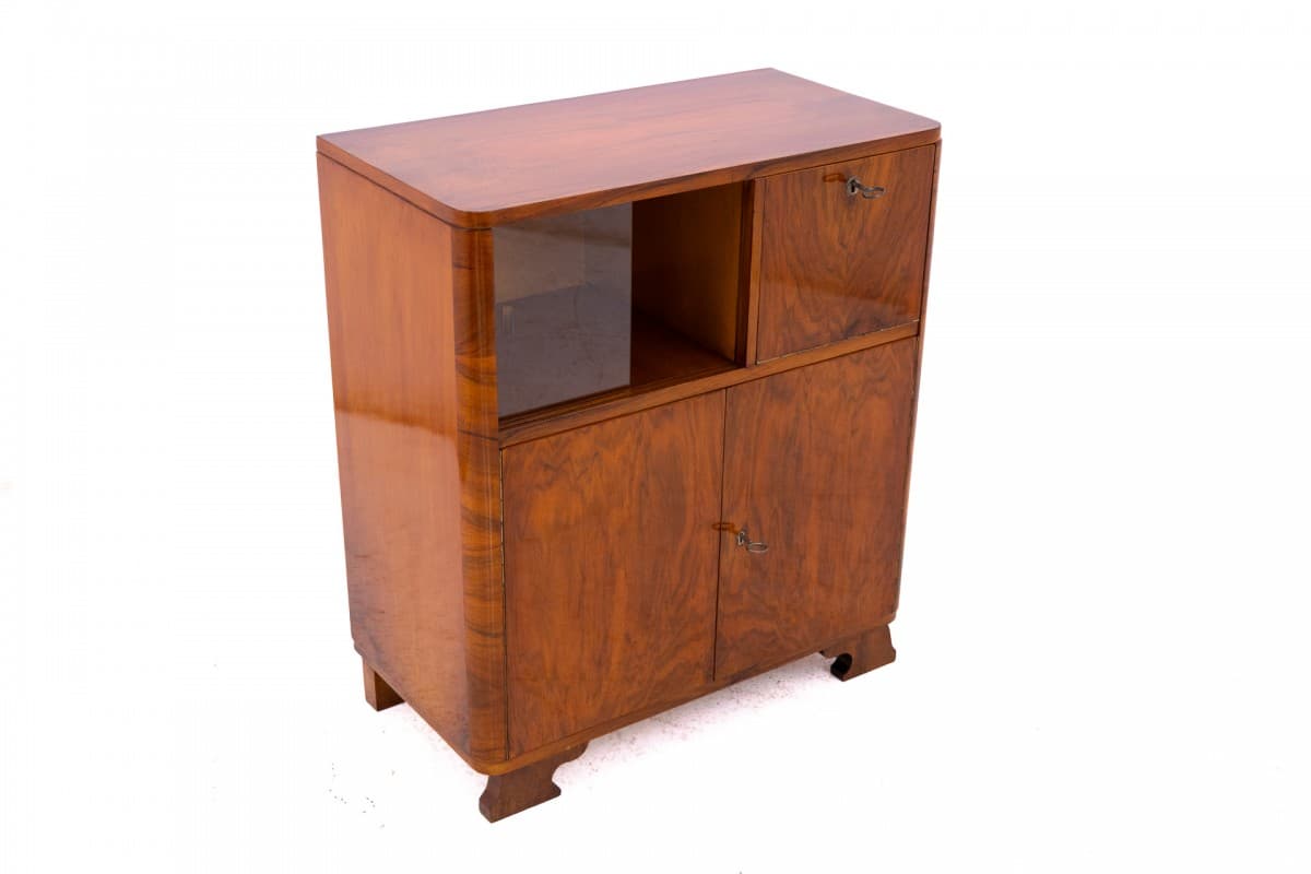 Komoda Art Deco, orzech brązowy, szkło, metal, Polska, lata 40. - 355899