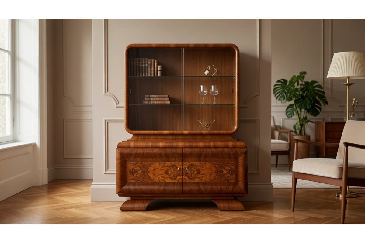 Witryna Art Deco, orzech brązowy, szkło, Niemcy, lata 20. - 355931