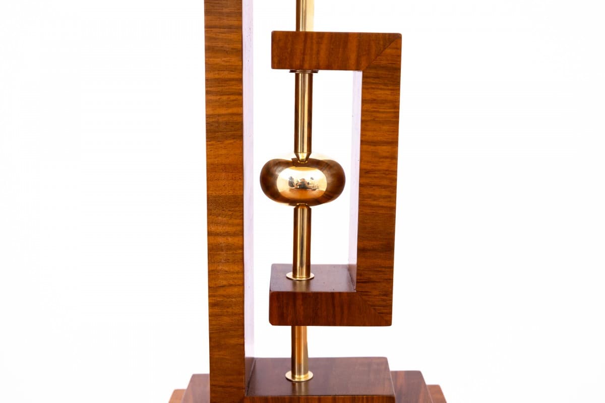 Lampa stołowa Art Deco, szkło kremowy brązowy, drewno brązowy, mosiądz złoty, Polska, lata 50. - 355947