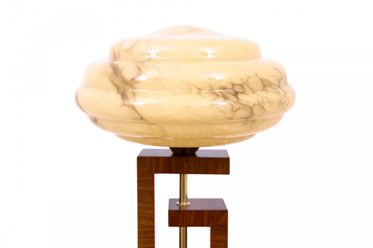 Lampa stołowa Art Deco, szkło kremowy brązowy, drewno brązowy, mosiądz złoty, Polska, lata 50. - 355948