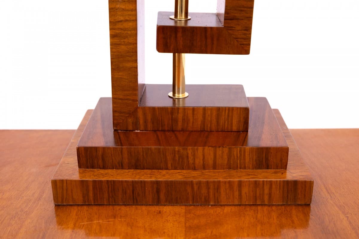 Lampa stołowa Art Deco, szkło kremowy brązowy, drewno brązowy, mosiądz złoty, Polska, lata 50. - 355946