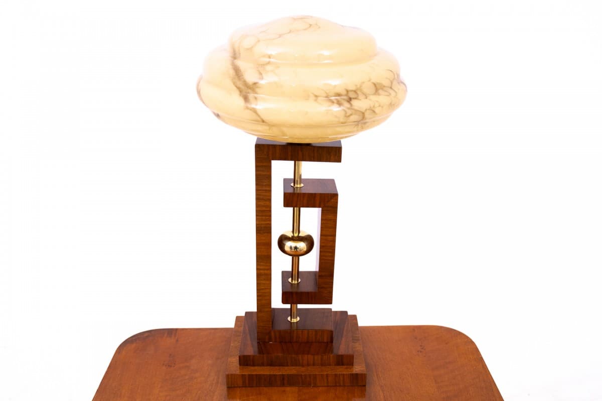 Lampa stołowa Art Deco, szkło kremowy brązowy, drewno brązowy, mosiądz złoty, Polska, lata 50. - 355945