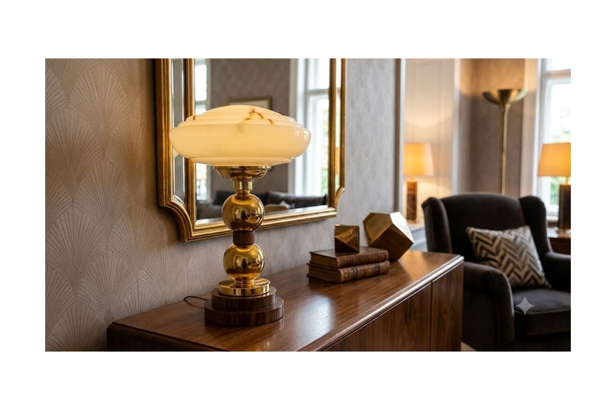 Lampa stołowa Art Deco, szkło kremowobiałe, metal złoty, drewno brązowy, Polska, lata 50. - 355961