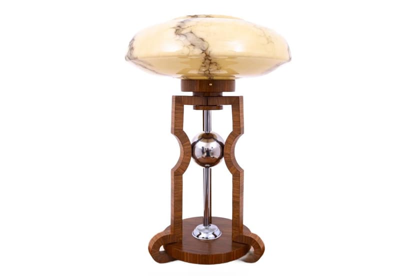 Lampa stołowa Art Deco, orzech brązowy, stal srebrna, Polska, lata 50.
