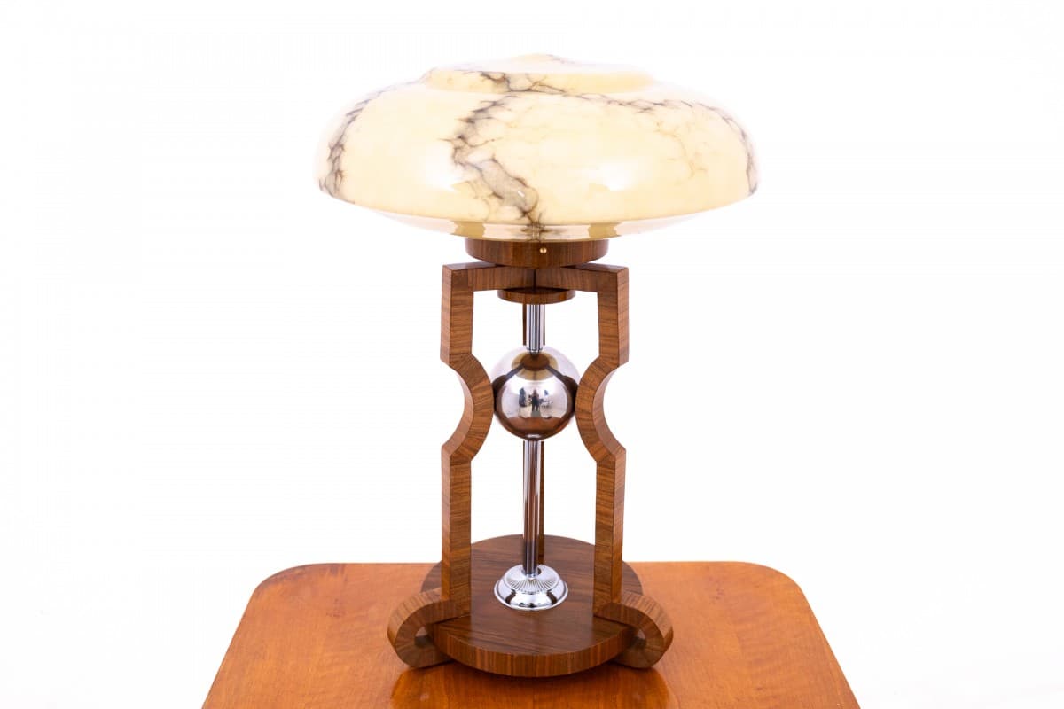 Lampa stołowa Art Deco, orzech brązowy, stal srebrna, Polska, lata 50. - 355963