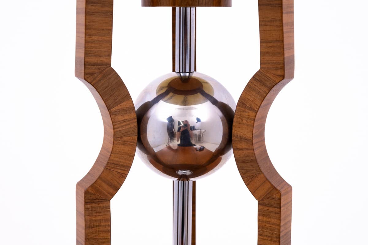 Lampa stołowa Art Deco, orzech brązowy, stal srebrna, Polska, lata 50. - 355966