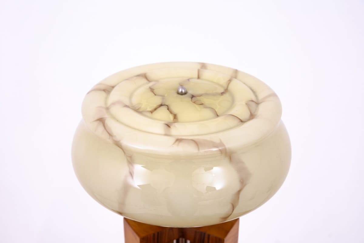 Lampa stołowa Art Deco, brązowy beżowy srebrny, orzech szkło stal chrom, Polska, lata 50. - 355976
