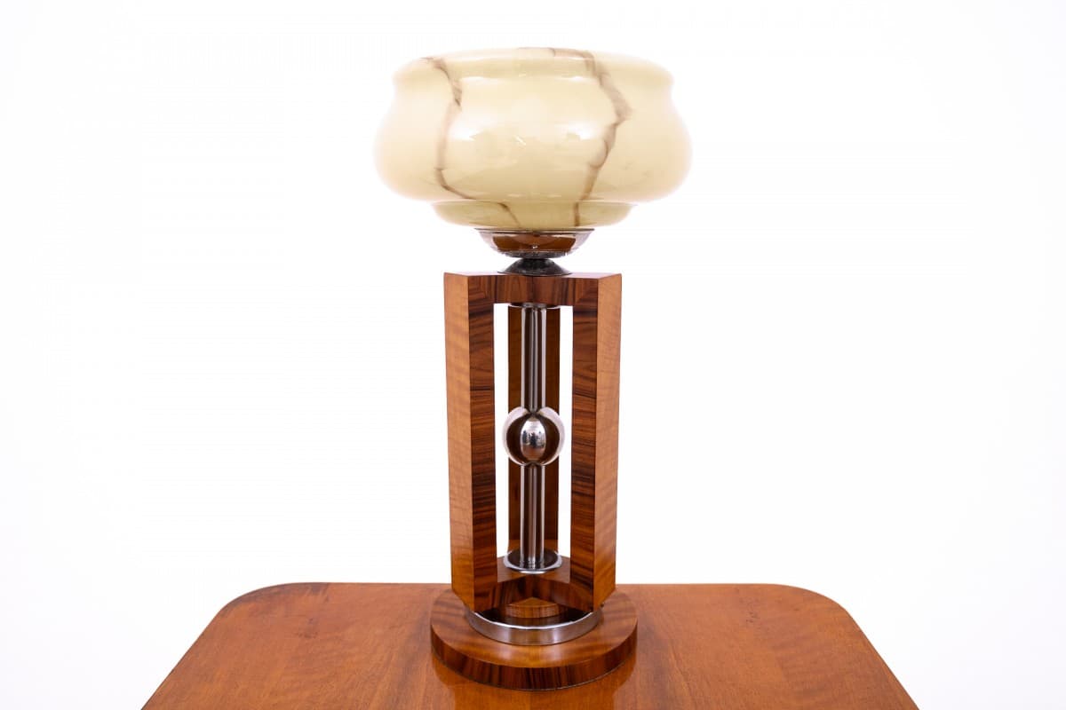 Lampa stołowa Art Deco, brązowy beżowy srebrny, orzech szkło stal chrom, Polska, lata 50. - 355971