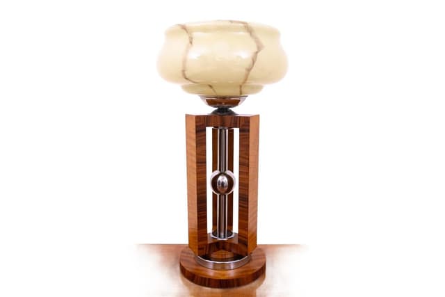 Lampa stołowa Art Deco, brązowy beżowy srebrny, orzech szkło stal chrom, Polska, lata 50. - WYMIARY