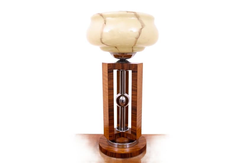 Lampa stołowa Art Deco, brązowy beżowy srebrny, orzech szkło stal chrom, Polska, lata 50.