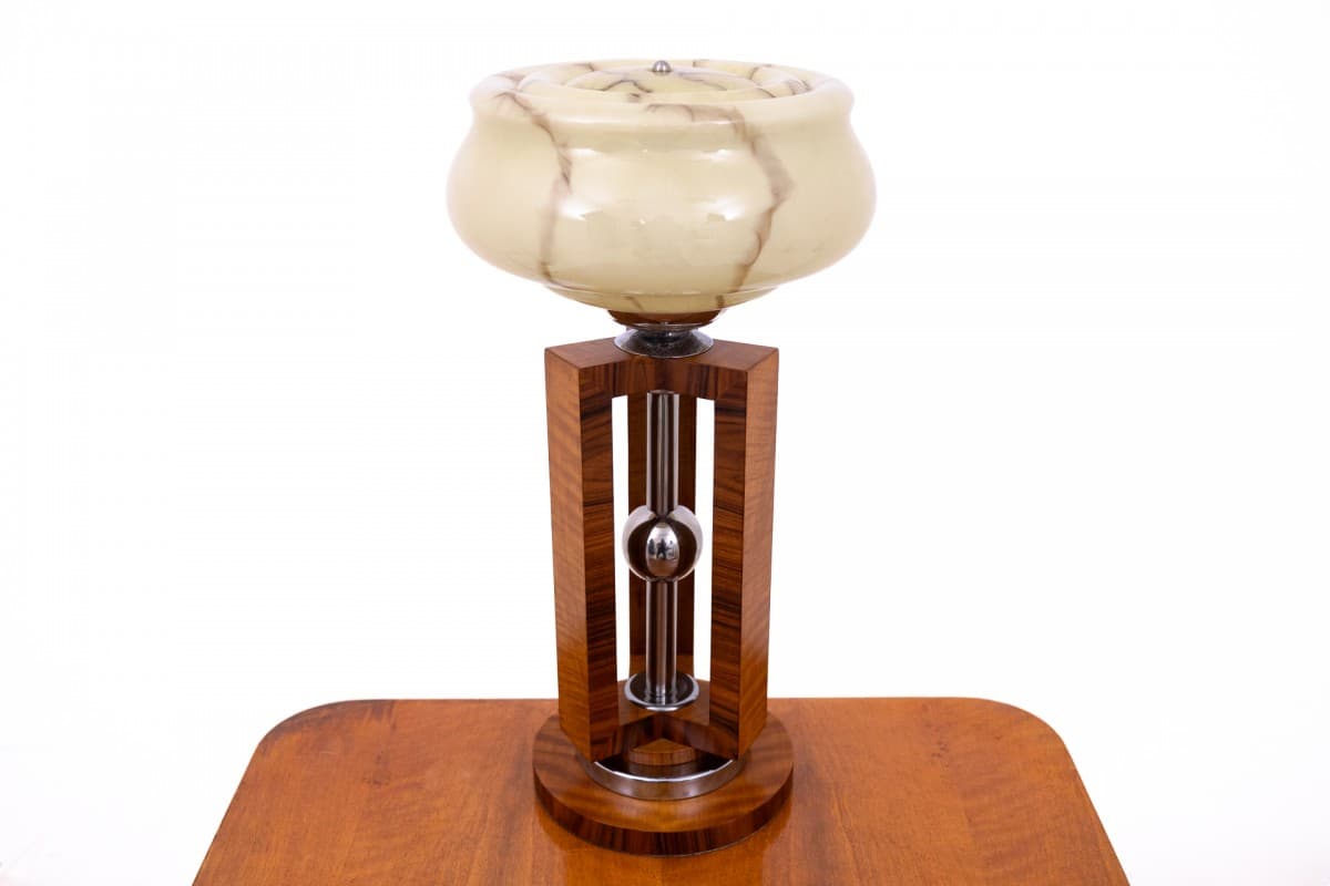 Lampa stołowa Art Deco, brązowy beżowy srebrny, orzech szkło stal chrom, Polska, lata 50. - 355972