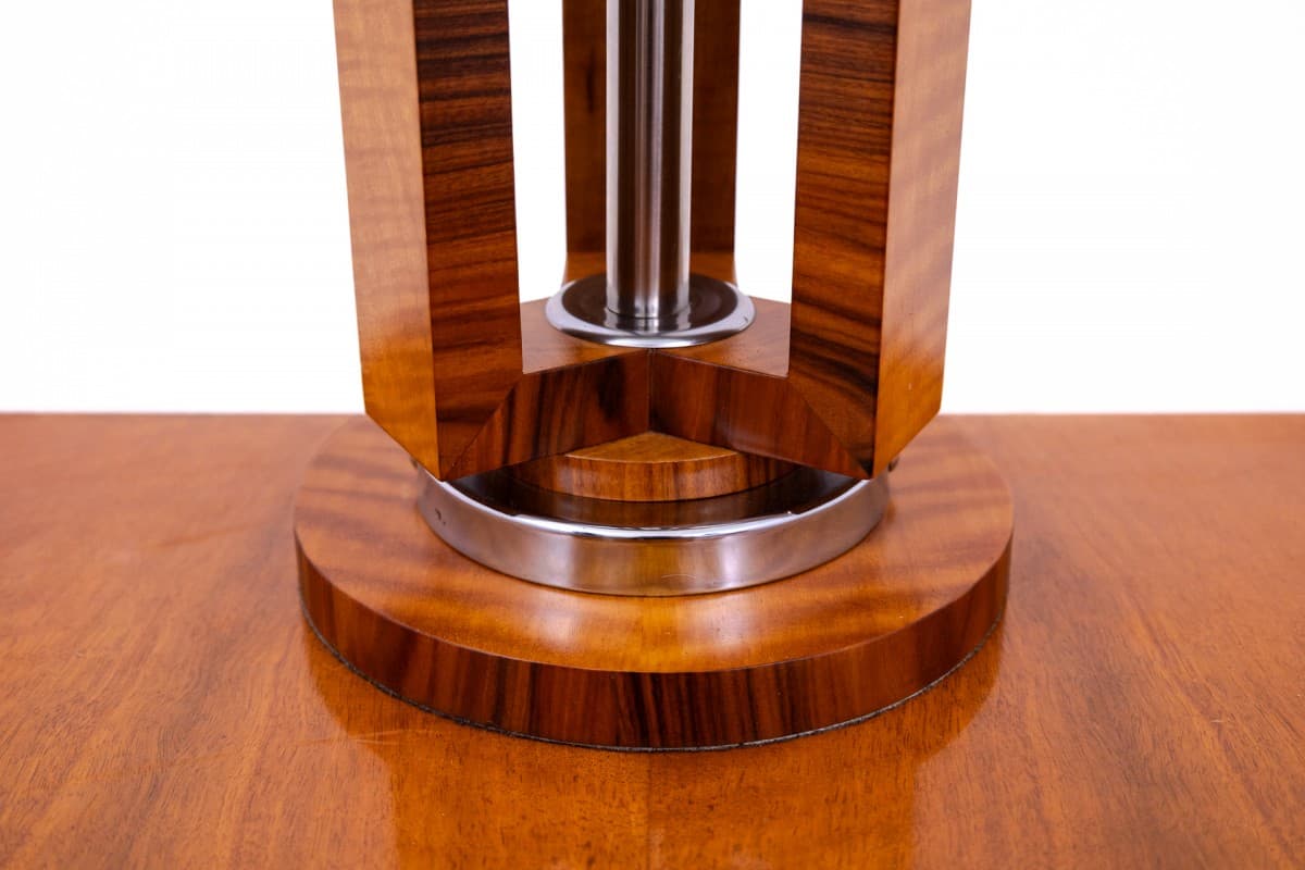 Lampa stołowa Art Deco, brązowy beżowy srebrny, orzech szkło stal chrom, Polska, lata 50. - 355973