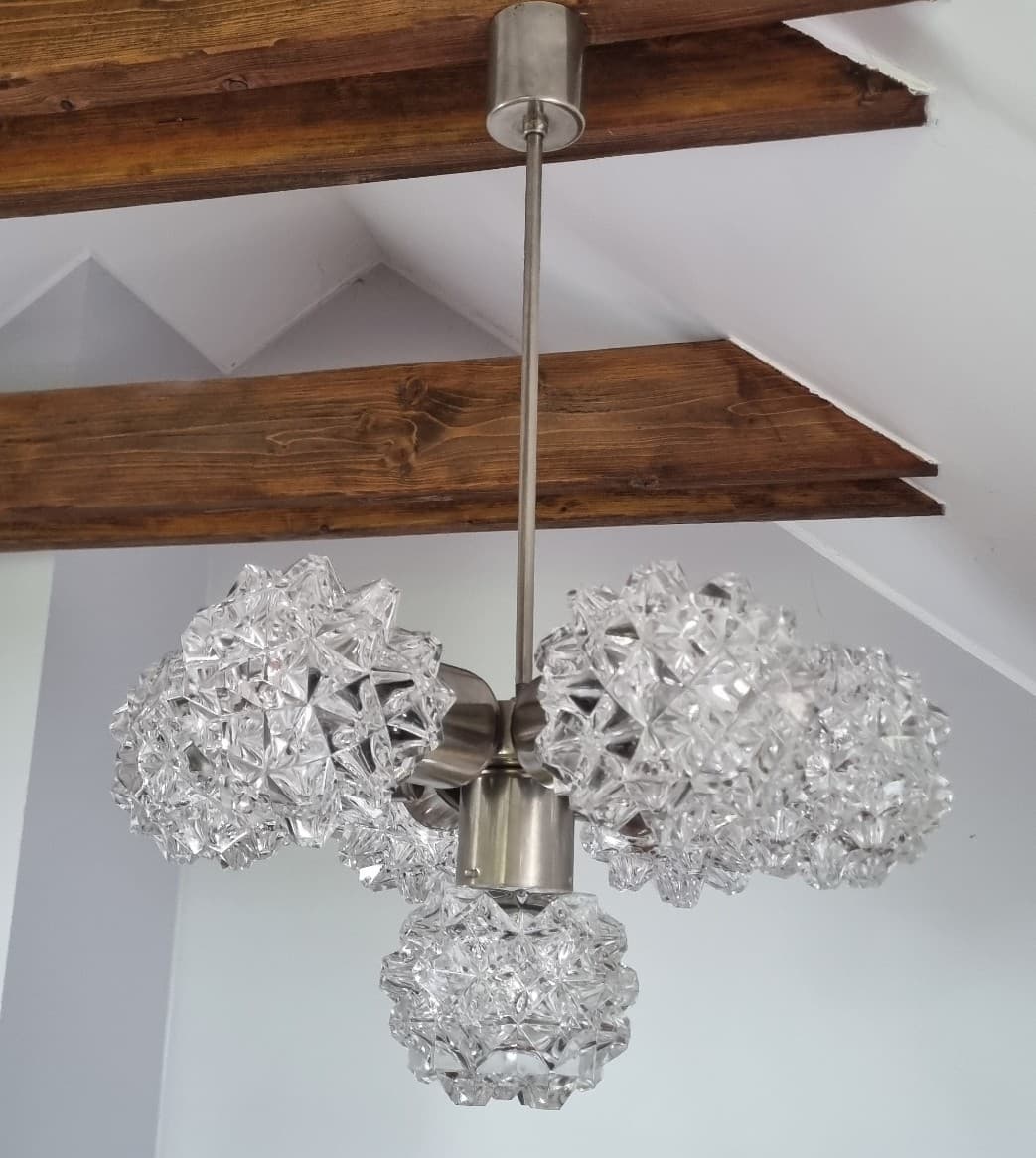 Chandelier, transparent glass, silver metal, Kamenický Šenov, Czechoslovakia, 1970s. - 356213
