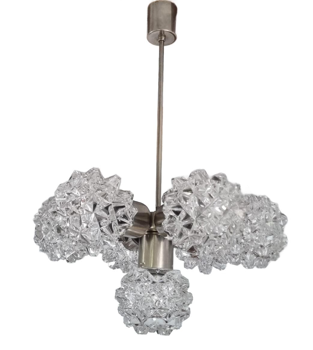 Chandelier, transparent glass, silver metal, Kamenický Šenov, Czechoslovakia, 1970s.