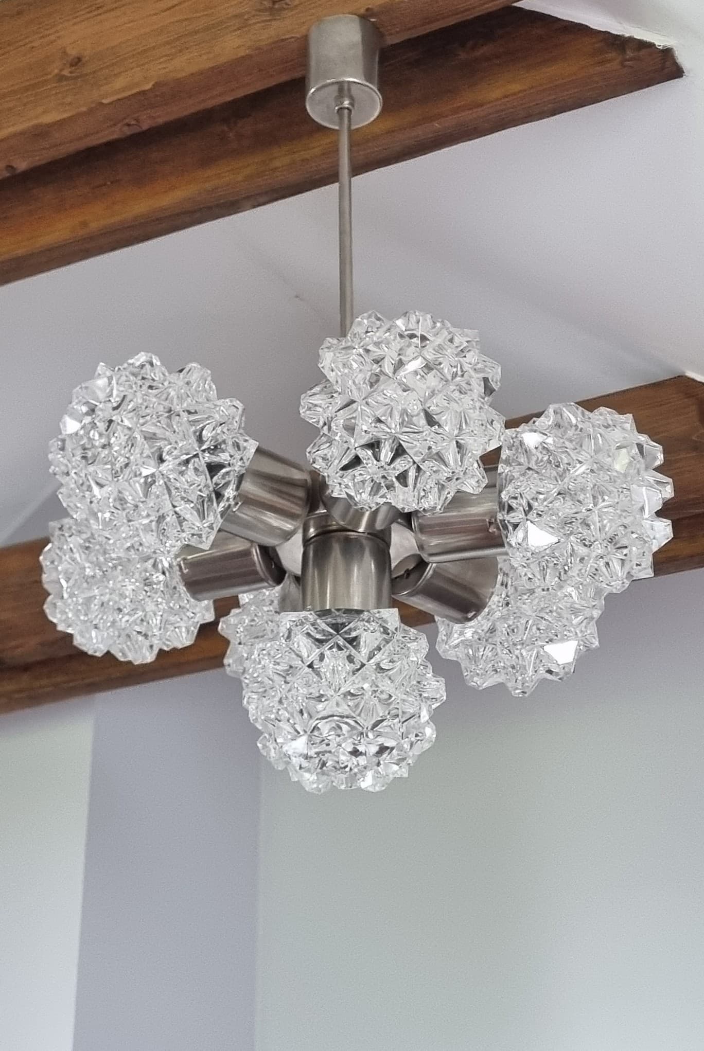 Chandelier, transparent glass, silver metal, Kamenický Šenov, Czechoslovakia, 1970s. - 356217
