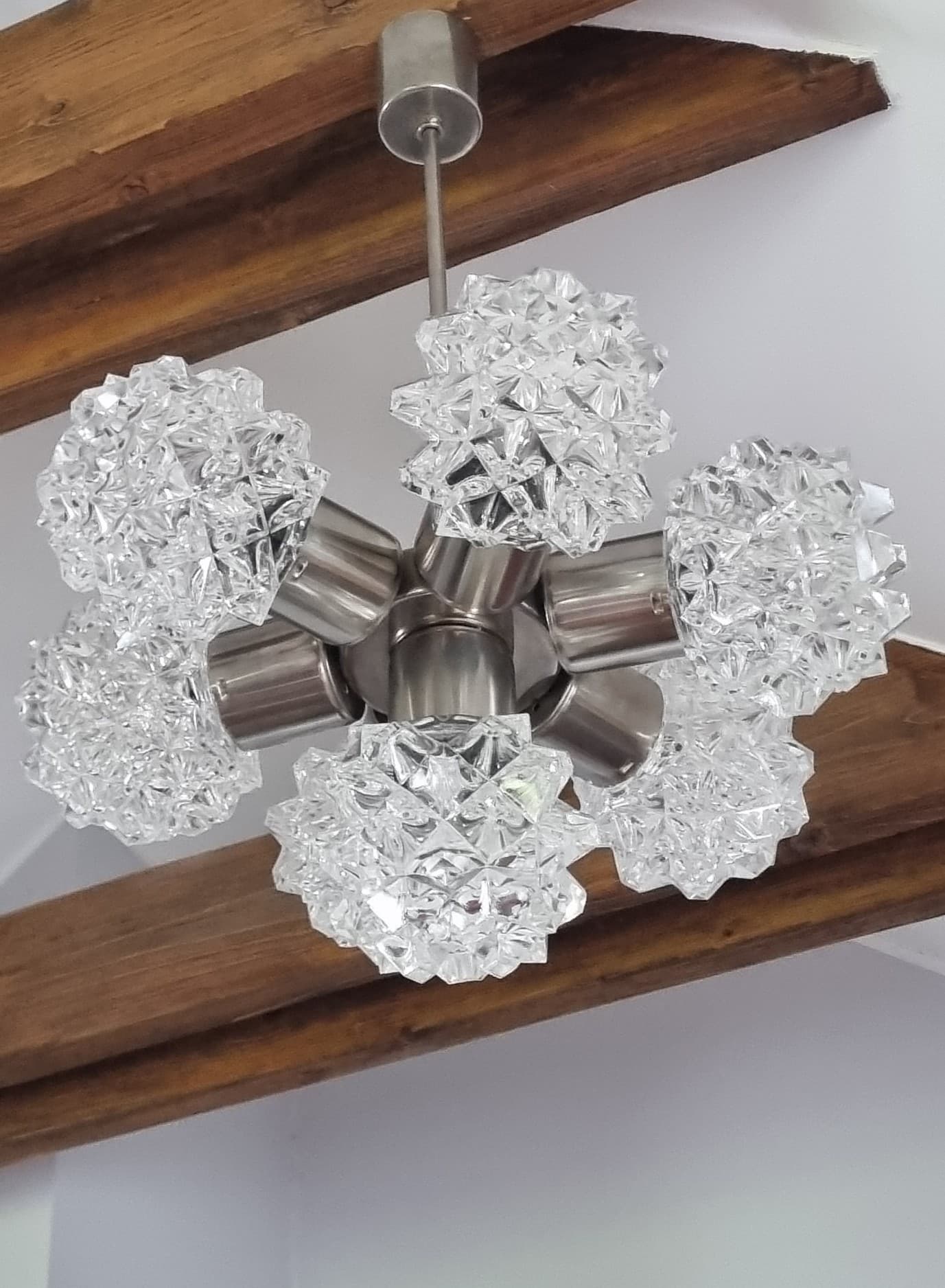 Chandelier, transparent glass, silver metal, Kamenický Šenov, Czechoslovakia, 1970s. - 356216