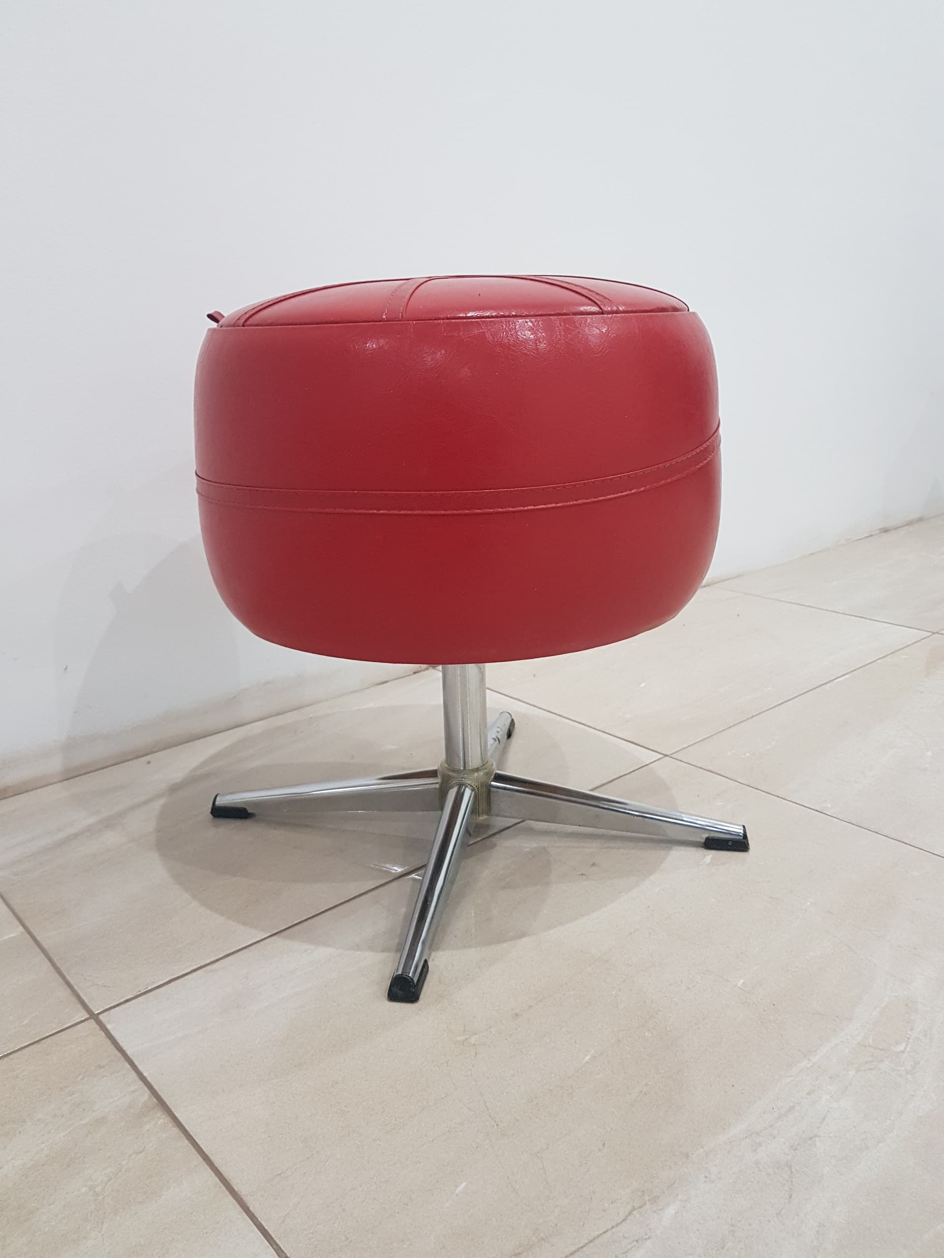 Pouf with storage, red vinyl, chrome, Germany, 1960s - 356268