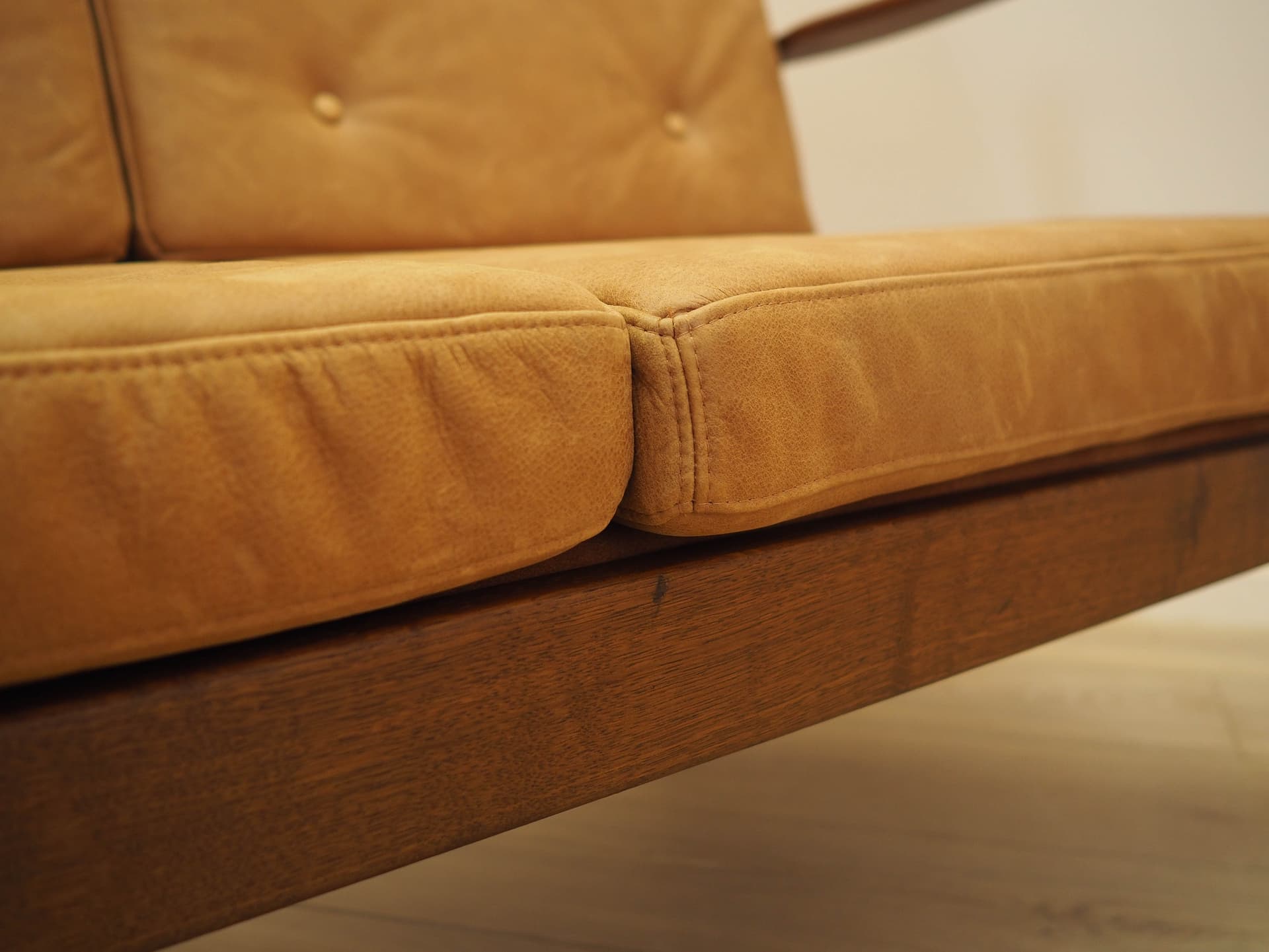 Two-seater sofa, brown, oak, genuine leather, Denmark, 1960s. - 356278