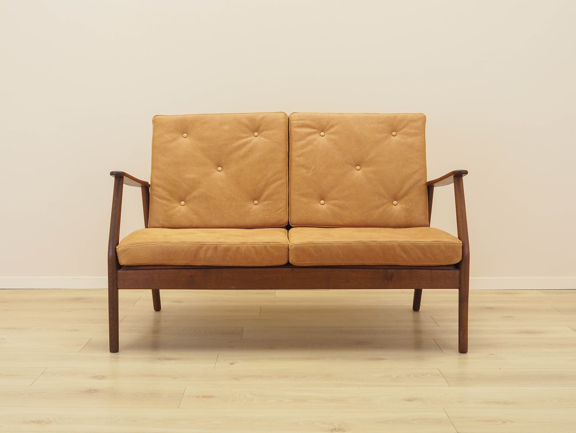 Two-seater sofa, brown, oak, genuine leather, Denmark, 1960s. - 356273
