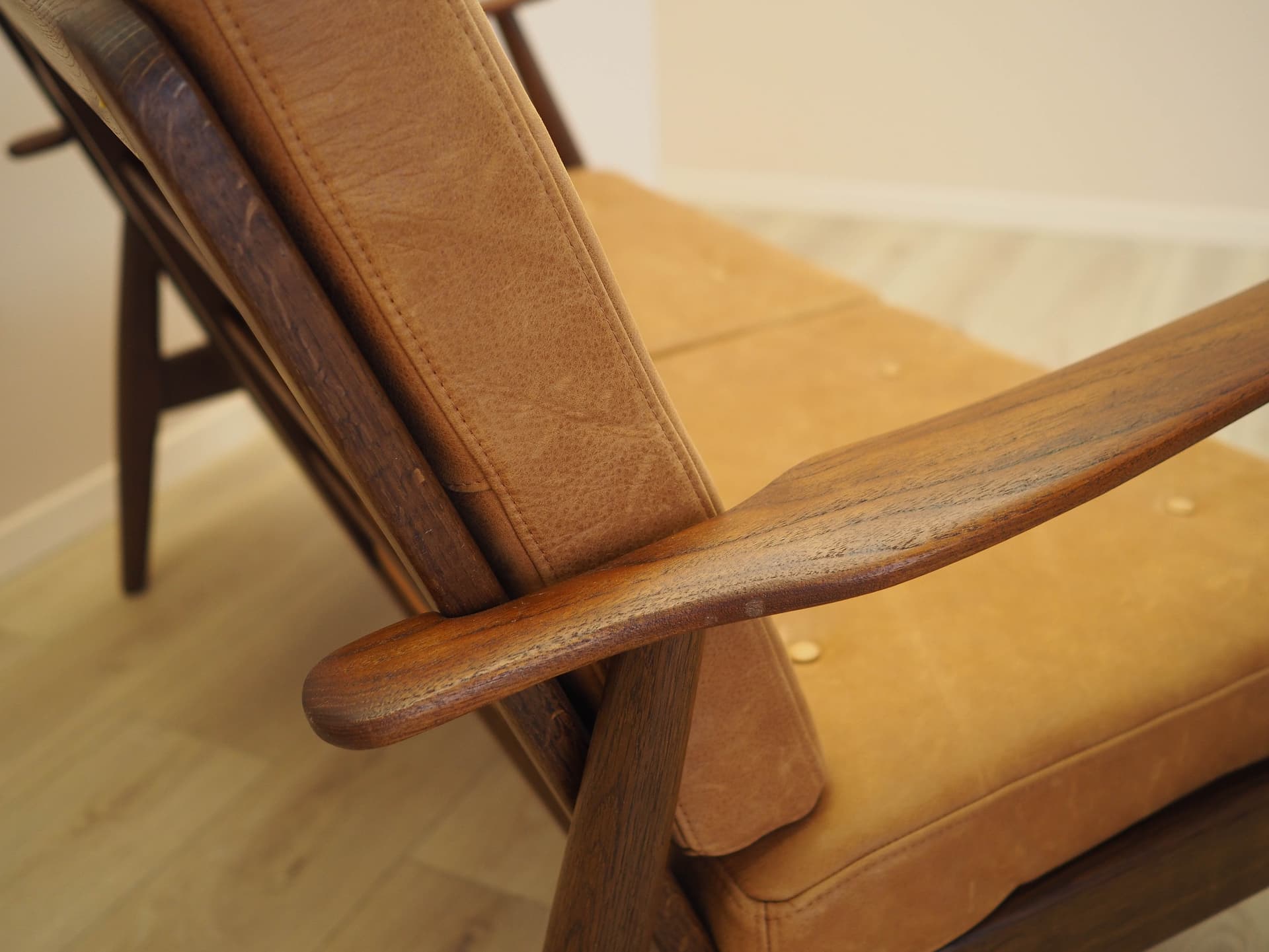 Two-seater sofa, brown, oak, genuine leather, Denmark, 1960s. - 356279