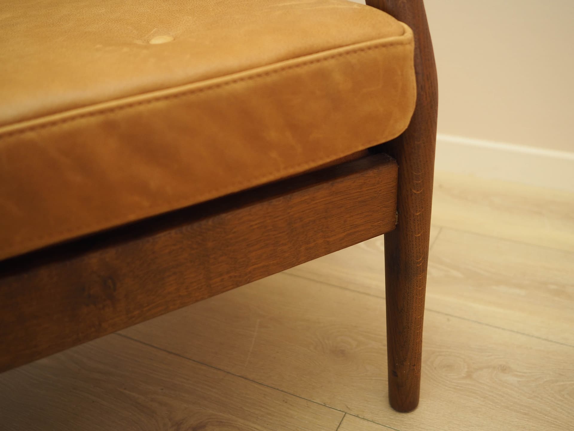 Two-seater sofa, brown, oak, genuine leather, Denmark, 1960s. - 356277