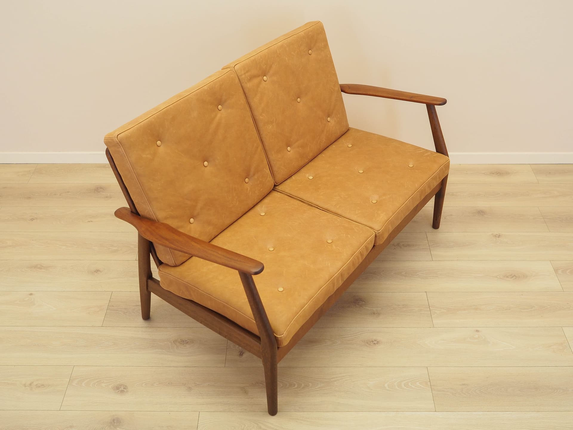 Two-seater sofa, brown, oak, genuine leather, Denmark, 1960s. - 356276