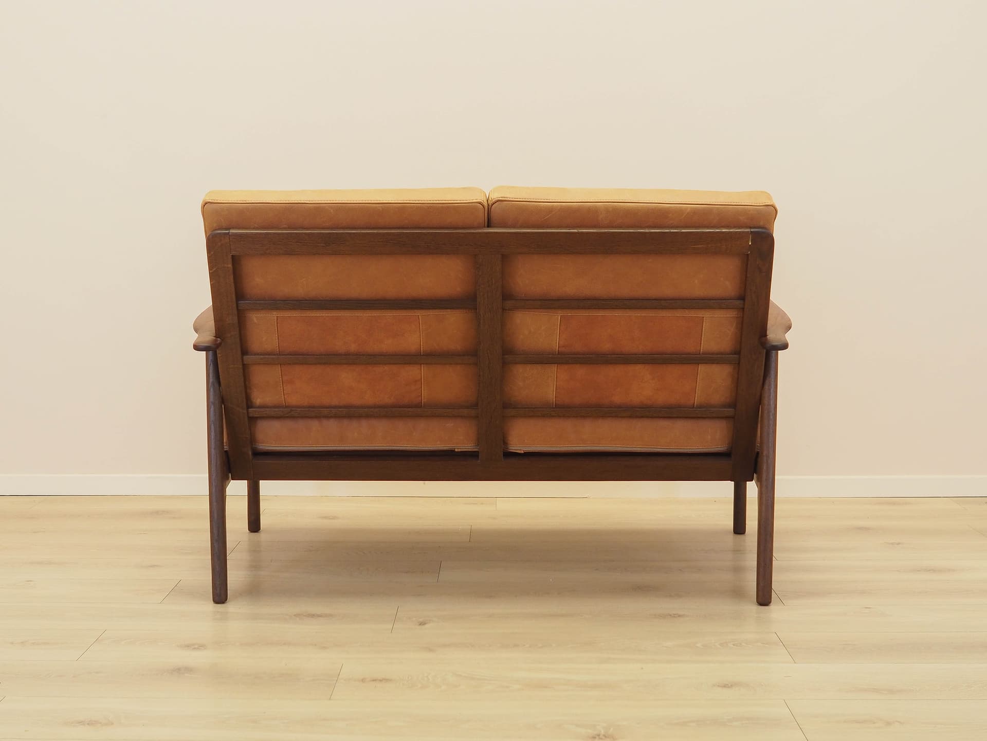 Two-seater sofa, brown, oak, genuine leather, Denmark, 1960s. - 356275