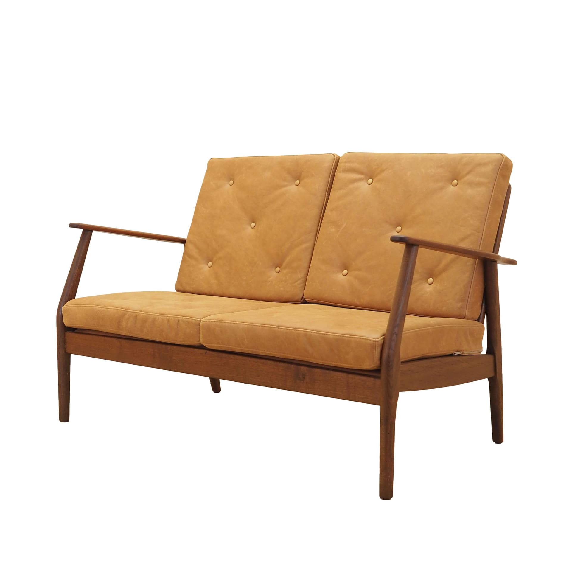 Two-seater sofa, brown, oak, genuine leather, Denmark, 1960s.