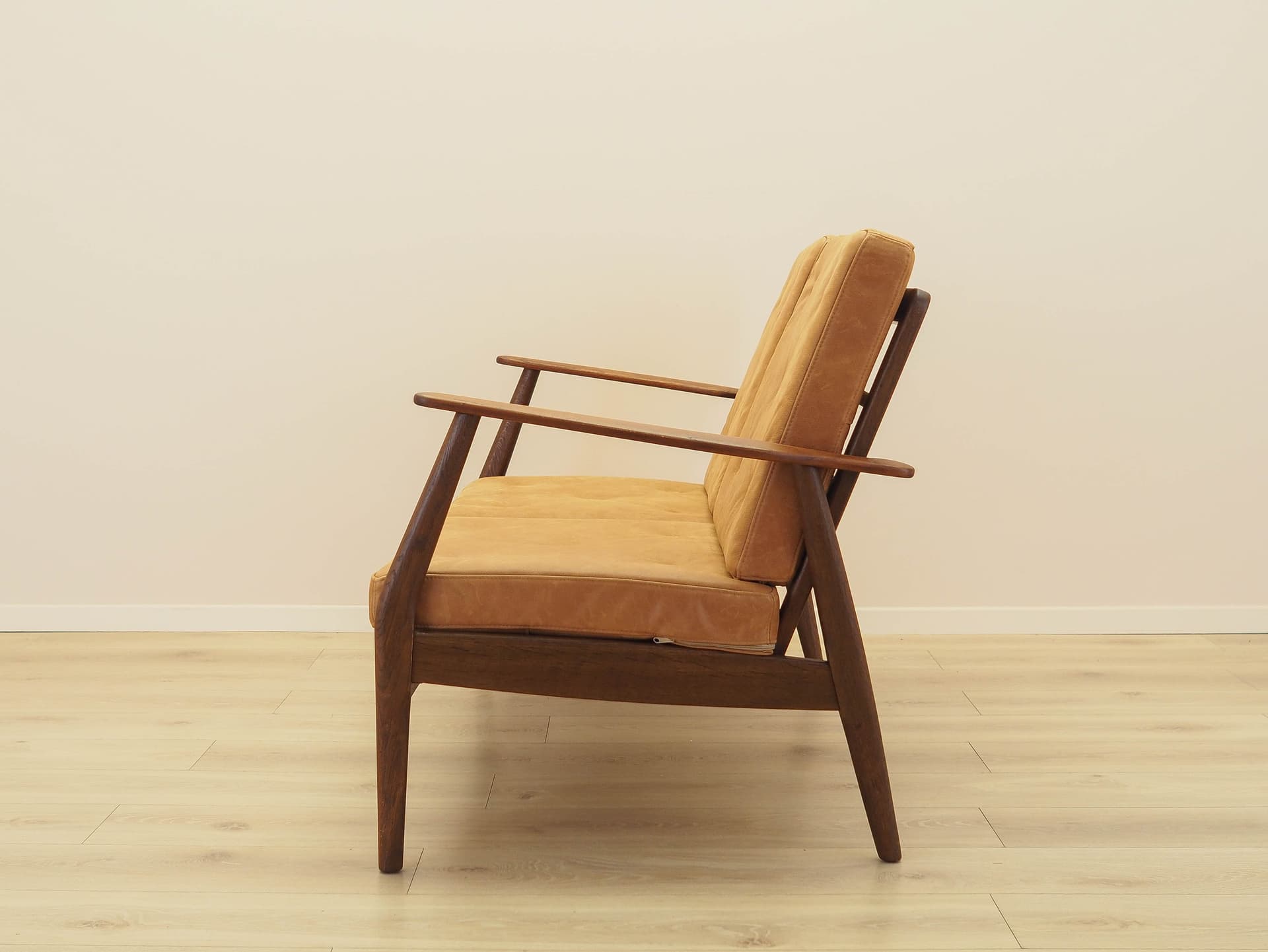 Two-seater sofa, brown, oak, genuine leather, Denmark, 1960s. - 356274