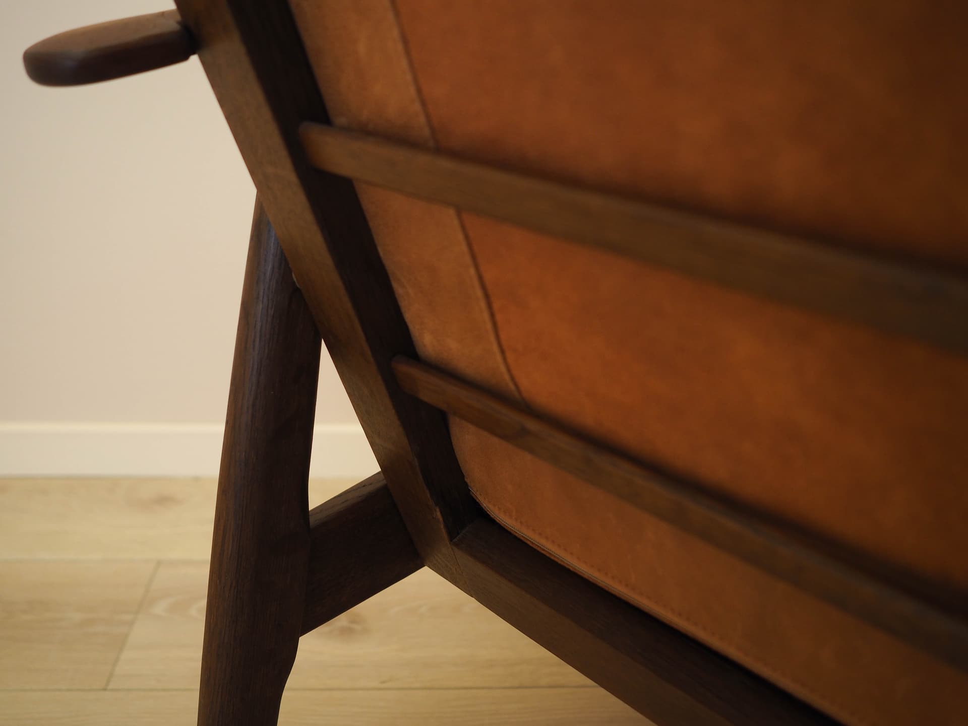 Two-seater sofa, brown, oak, genuine leather, Denmark, 1960s. - 356282