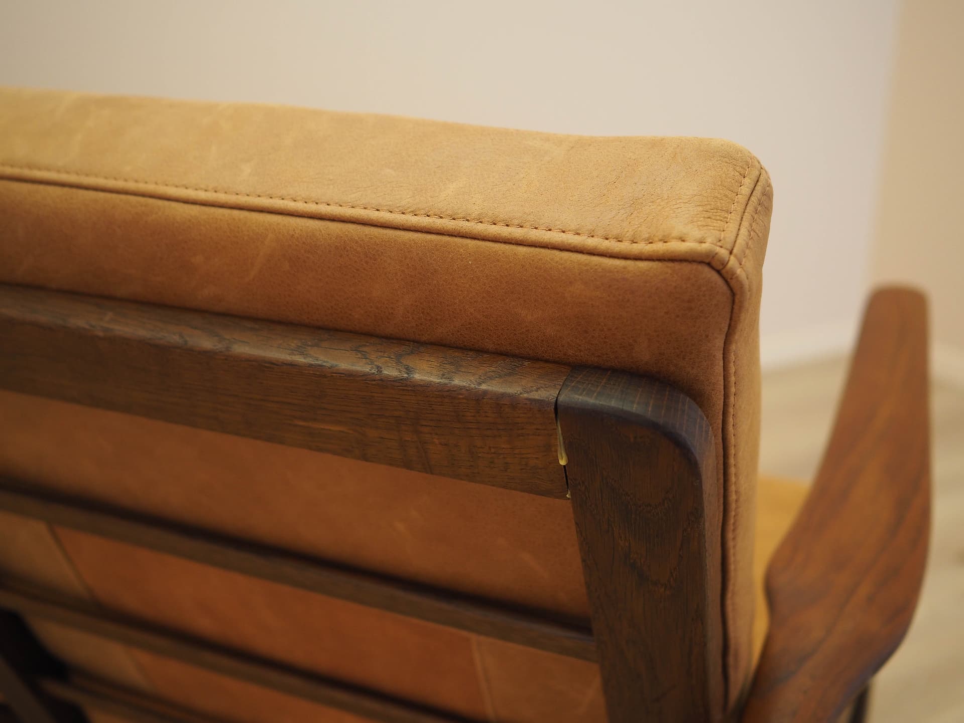 Two-seater sofa, brown, oak, genuine leather, Denmark, 1960s. - 356281