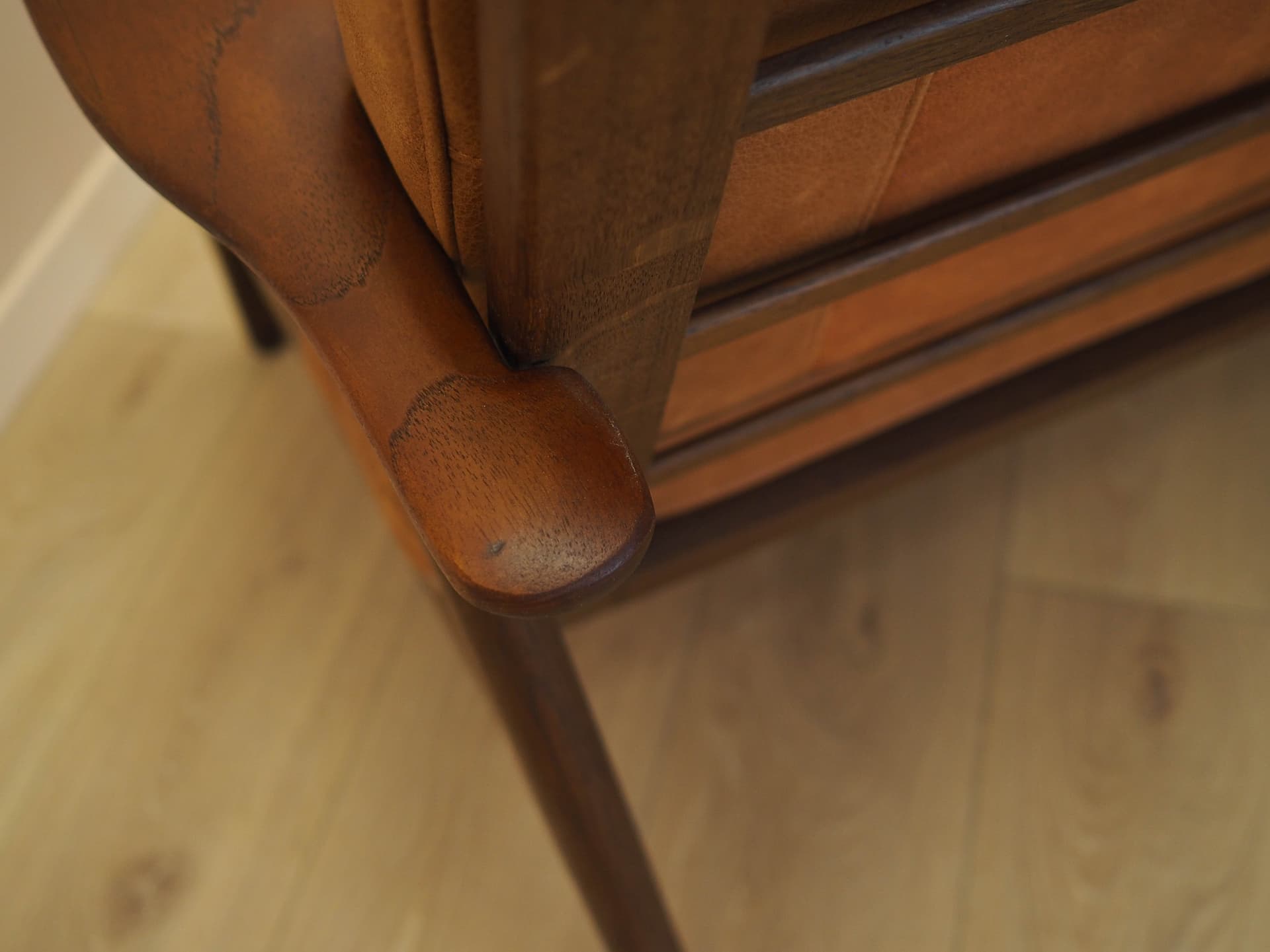 Two-seater sofa, brown, oak, genuine leather, Denmark, 1960s. - 356280