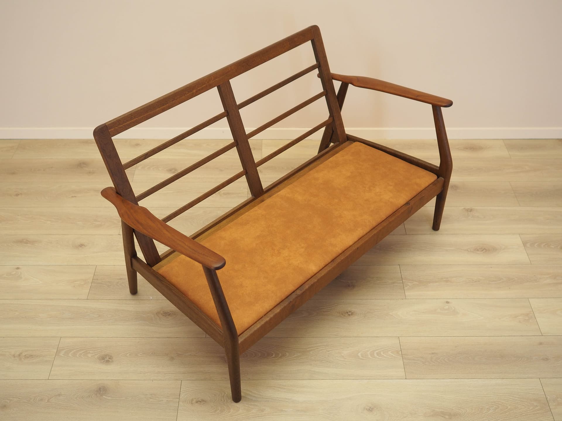 Two-seater sofa, brown, oak, genuine leather, Denmark, 1960s. - 356283