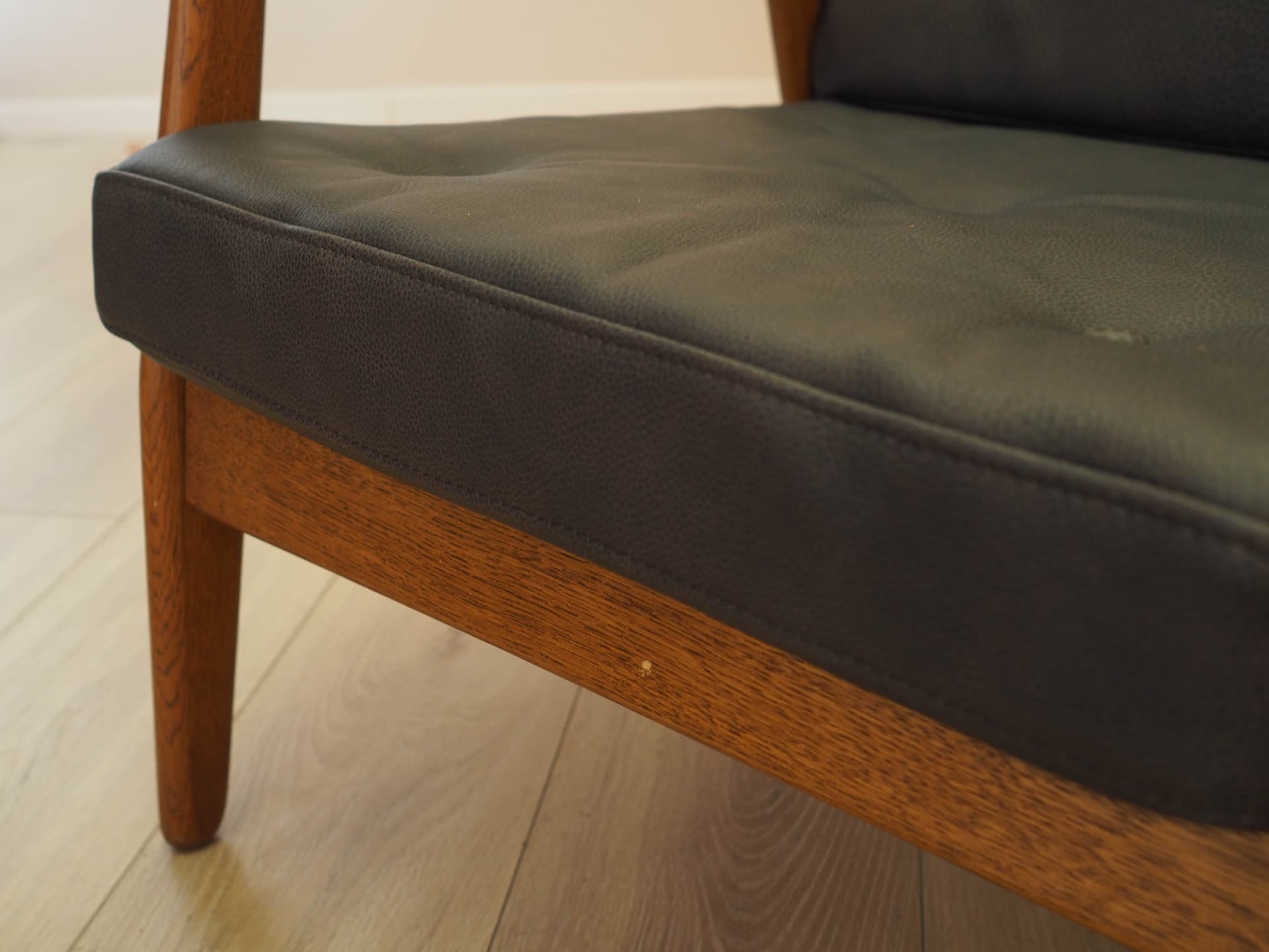 Sofa, dąb brązowy, skóra brązowa, proj. B. Petersen, Randers Møbelfabrik, Dania, lata 70. - 356329