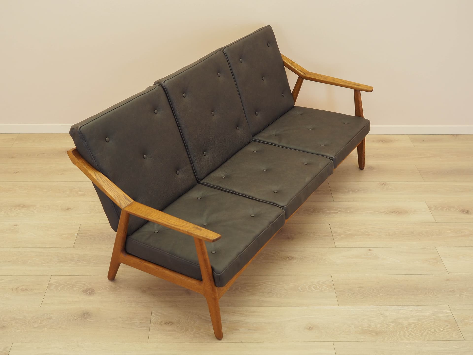 Sofa, dąb brązowy, skóra brązowa, proj. B. Petersen, Randers Møbelfabrik, Dania, lata 70. - 356321