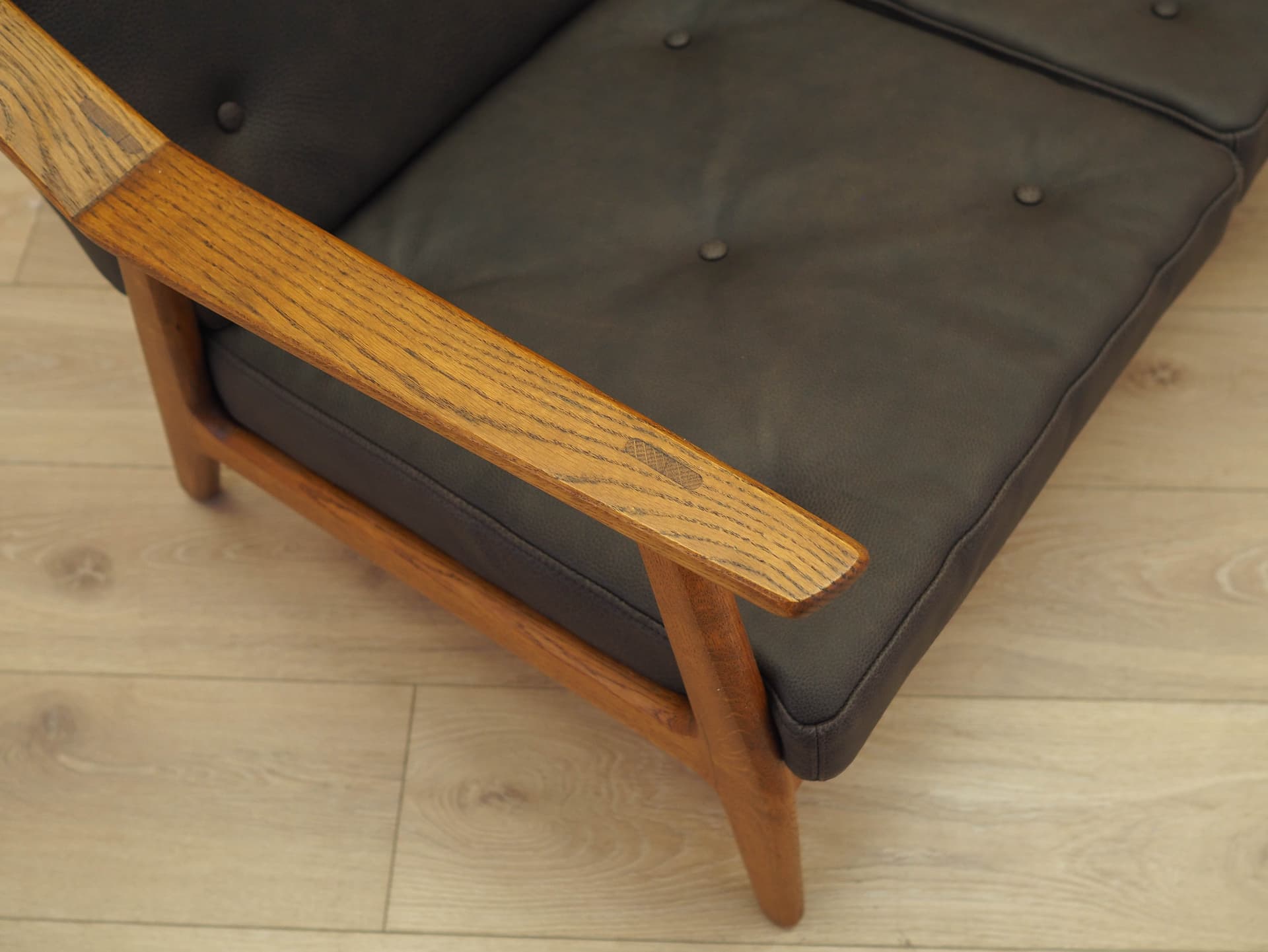 Sofa, dąb brązowy, skóra brązowa, proj. B. Petersen, Randers Møbelfabrik, Dania, lata 70. - 356322