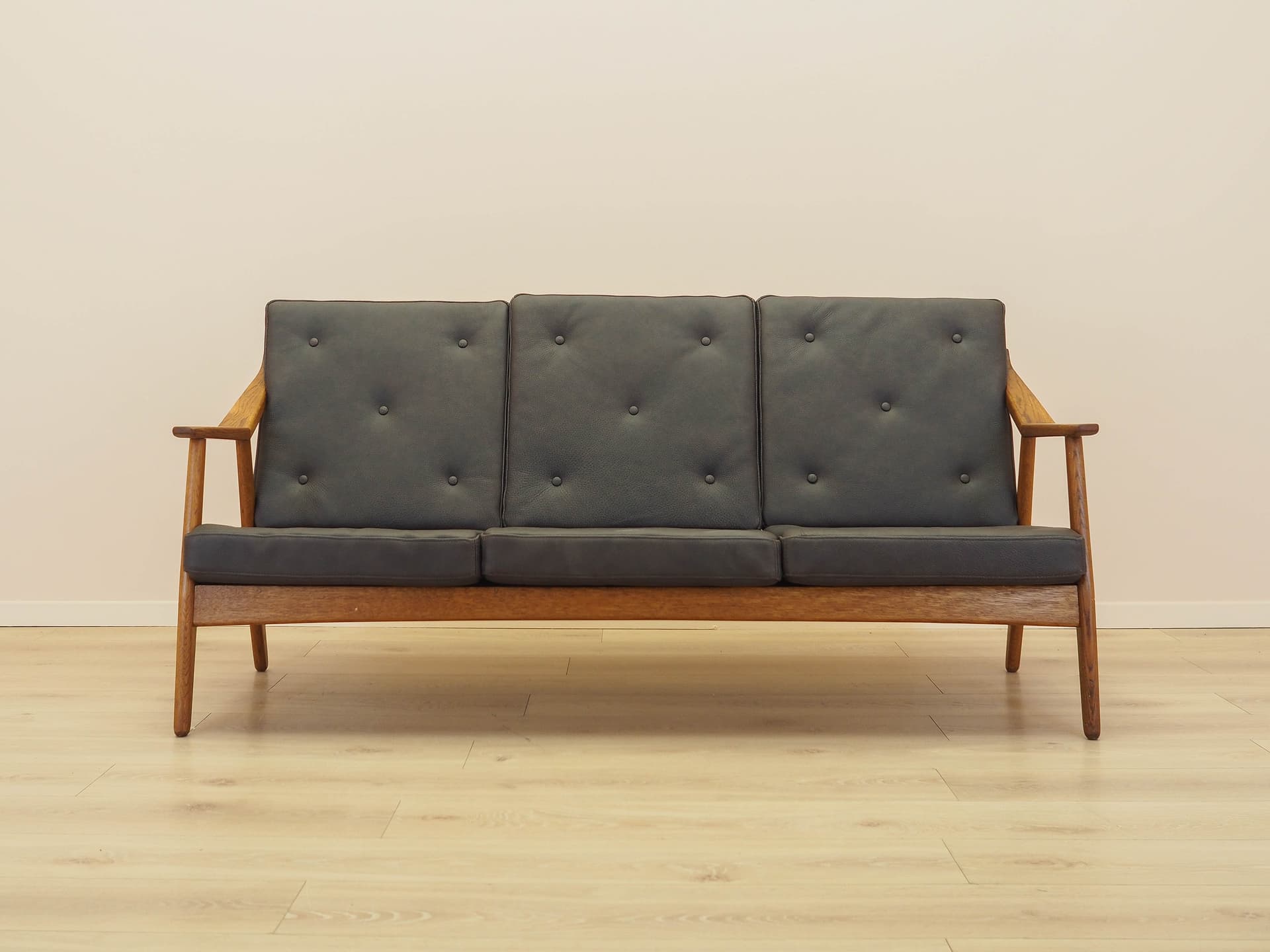 Sofa, dąb brązowy, skóra brązowa, proj. B. Petersen, Randers Møbelfabrik, Dania, lata 70. - 356317