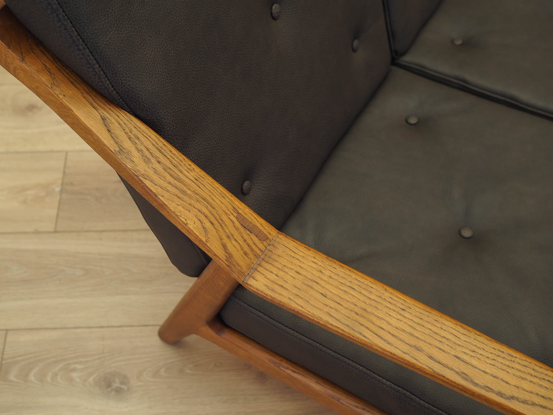 Sofa, dąb brązowy, skóra brązowa, proj. B. Petersen, Randers Møbelfabrik, Dania, lata 70. - 356323