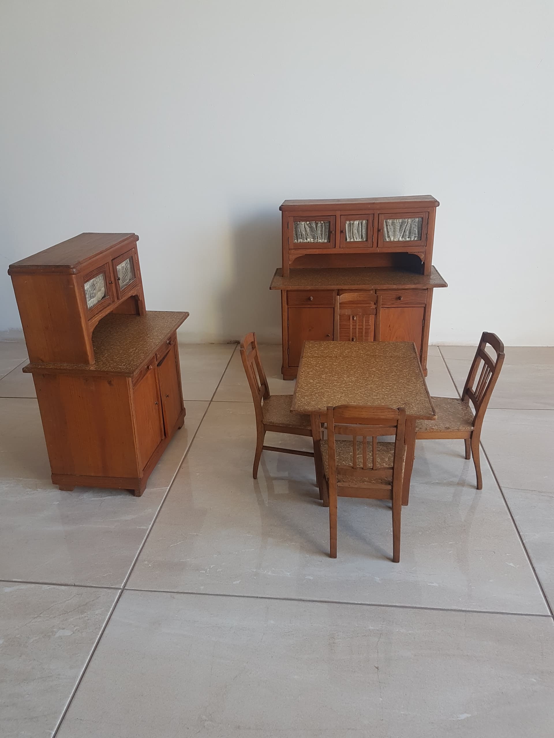 Seven-piece dollhouse furniture set, Art Deco, brown wood, transparent glass, Germany, 1960s. - 356363