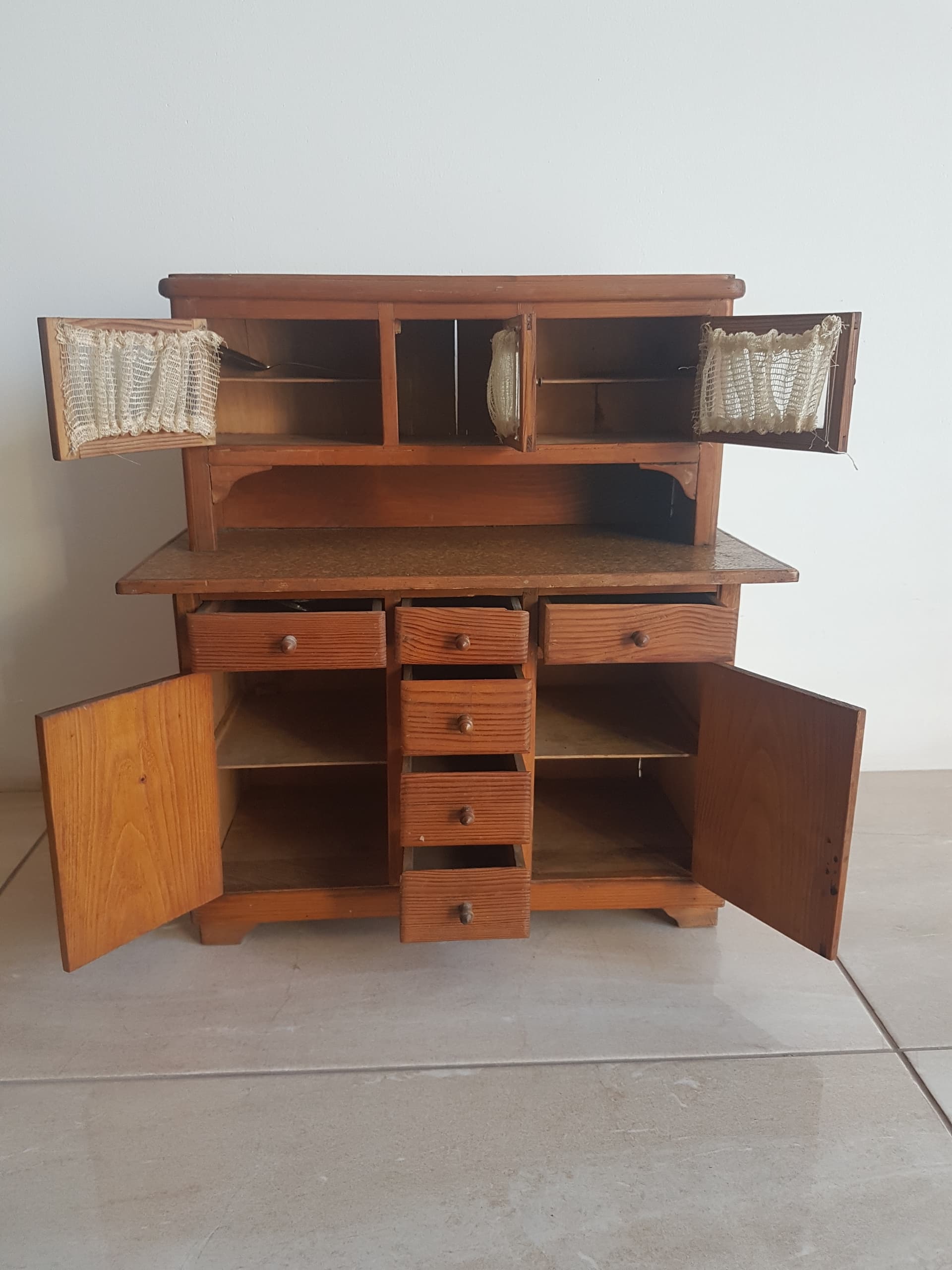 Seven-piece dollhouse furniture set, Art Deco, brown wood, transparent glass, Germany, 1960s. - 356375