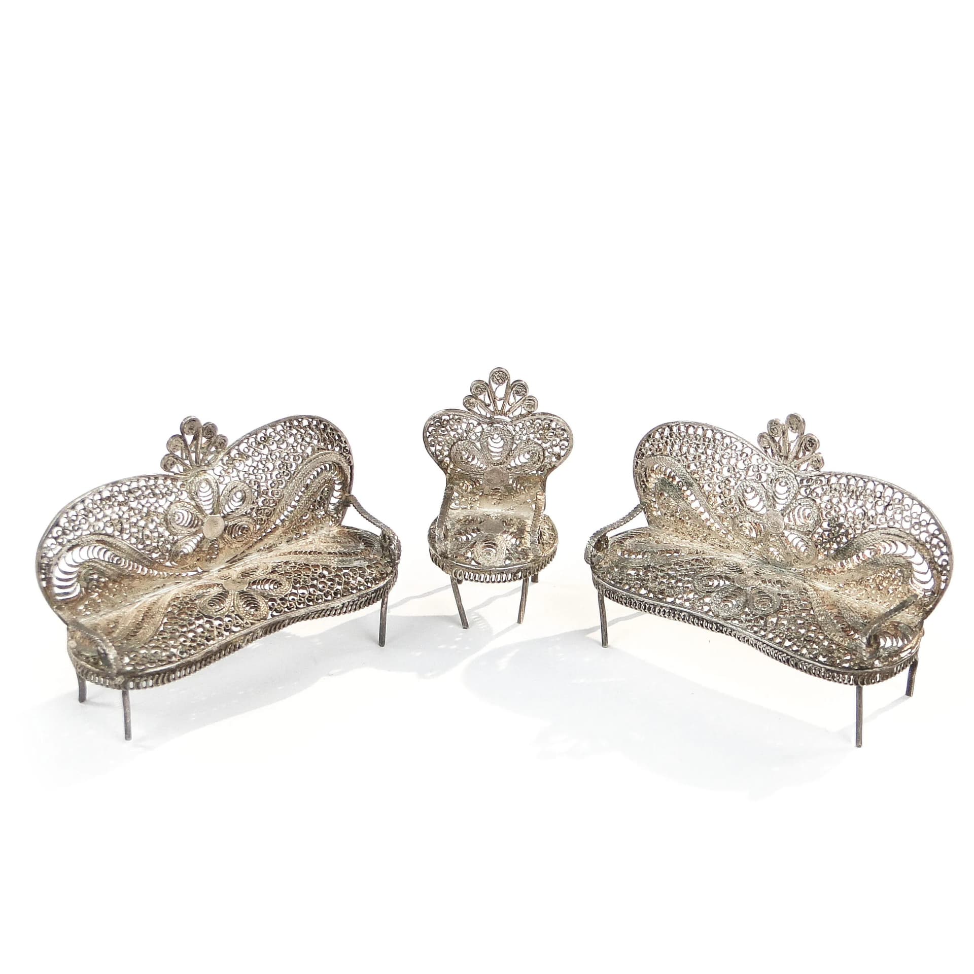 Komplet miniaturowych mebli salonowych, Ludwik Filip, srebro, filigran, Polska, początek XX w. - 26235