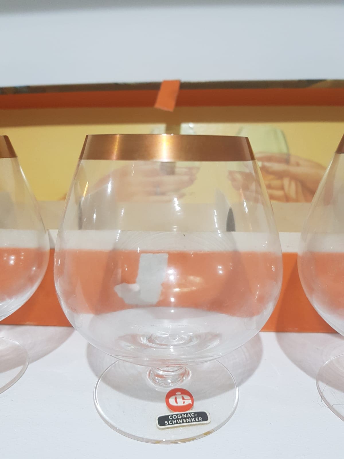 Zestaw sześciu kieliszków do koniaku, transparentne szkło, złocenie, Austria, lata 60. - 356399