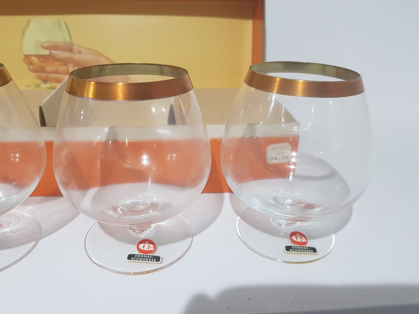Zestaw sześciu kieliszków do koniaku, transparentne szkło, złocenie, Austria, lata 60. - 356390