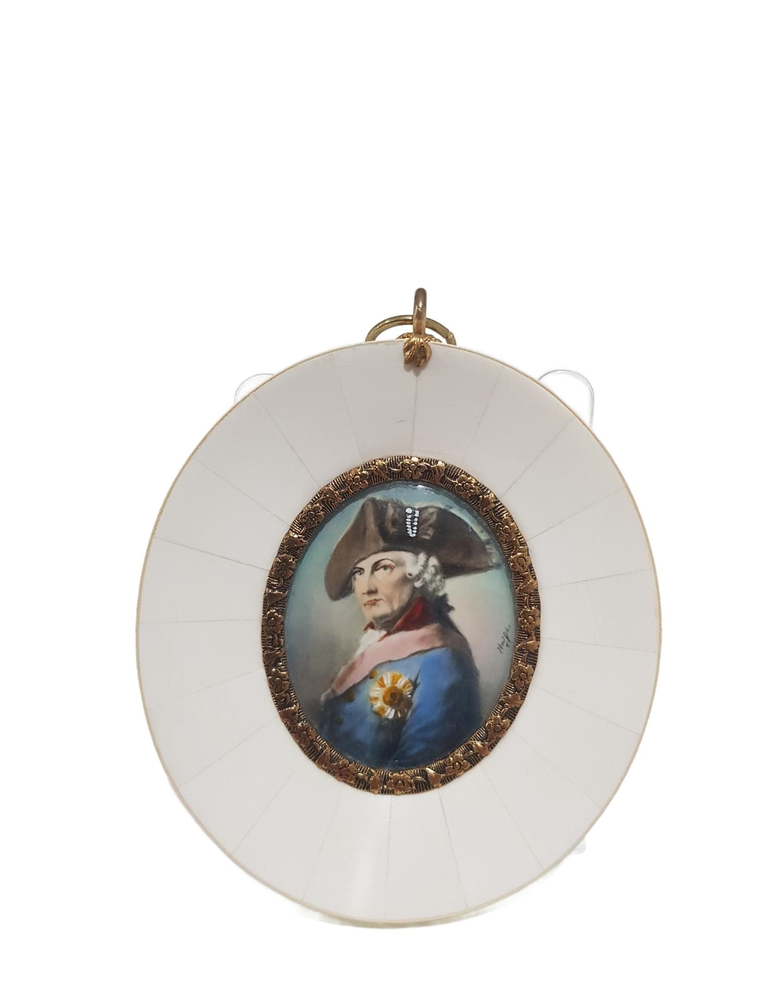 Portrait Miniature Friedrich der Große, white porcelain, gold brass, Germany, early 20th c.