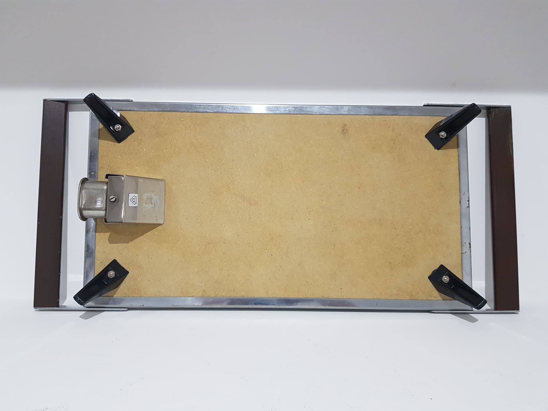 Heated tray, blue white ceramics, brown rosewood, black metal, Germany, 1970s. - 357151