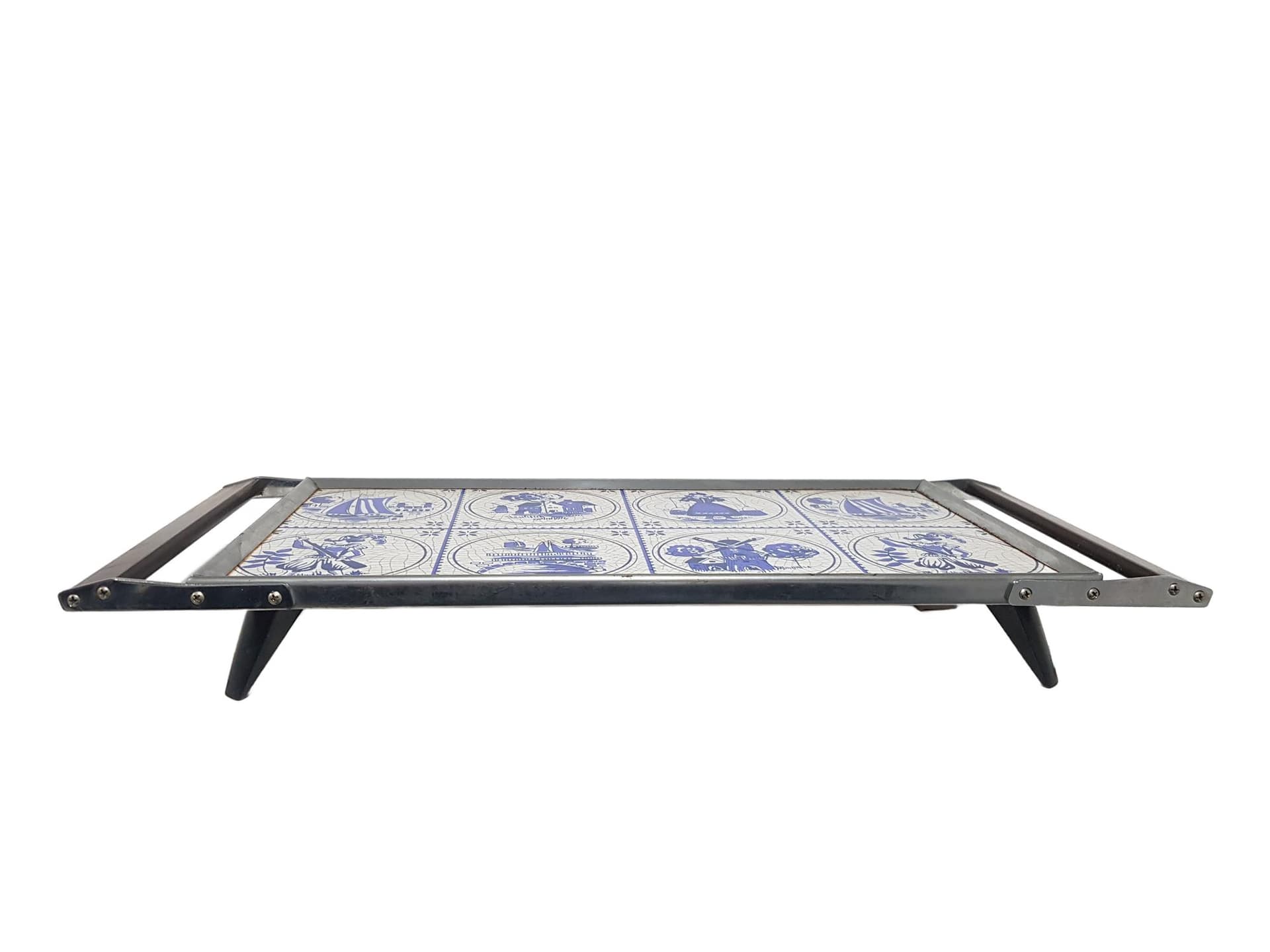 Heated tray, blue white ceramics, brown rosewood, black metal, Germany, 1970s.