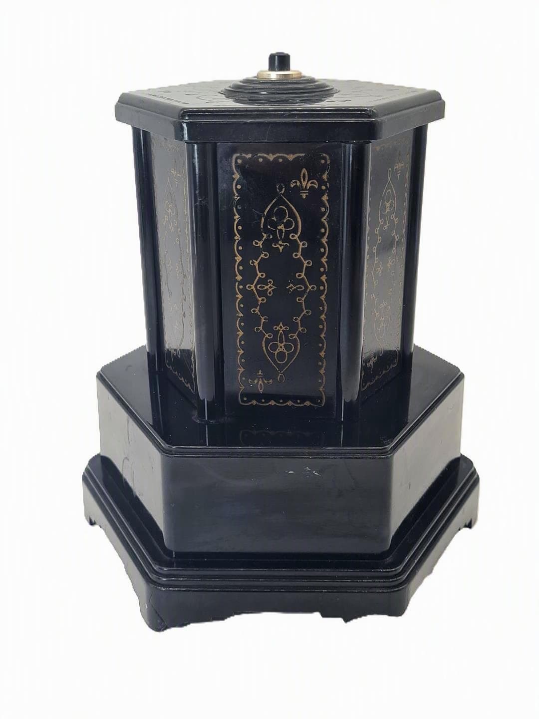 Cigarette dispenser with music box, black gold plastic, Selcol, England, 1960s. - 357202