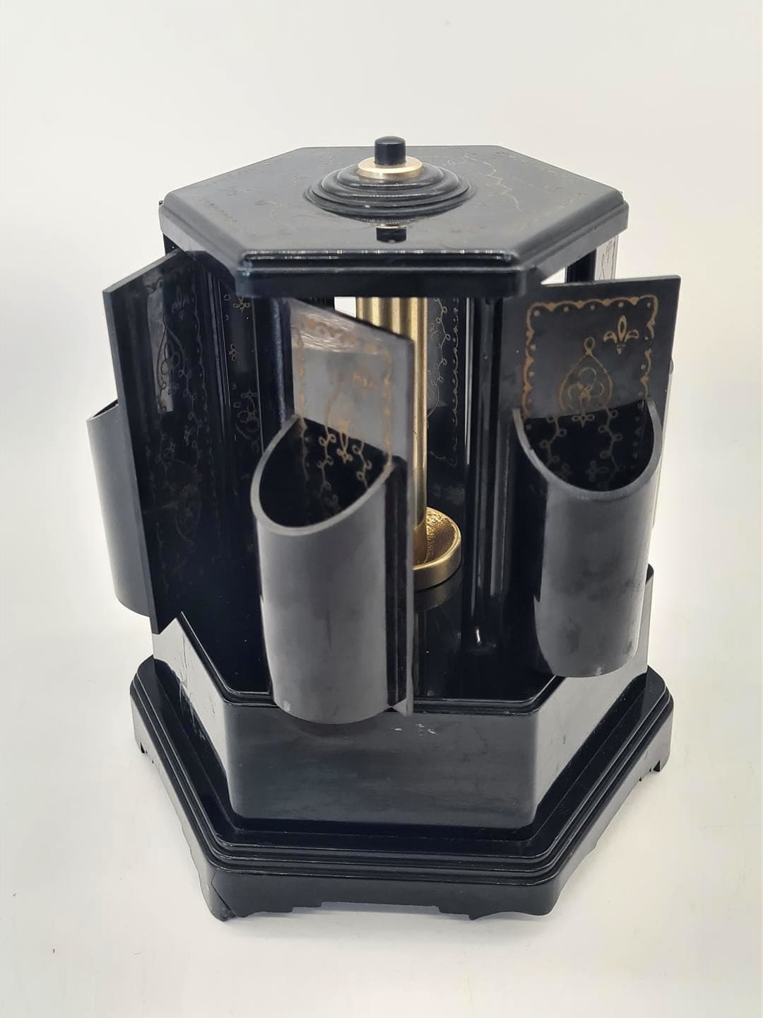 Cigarette dispenser with music box, black gold plastic, Selcol, England, 1960s. - 357205