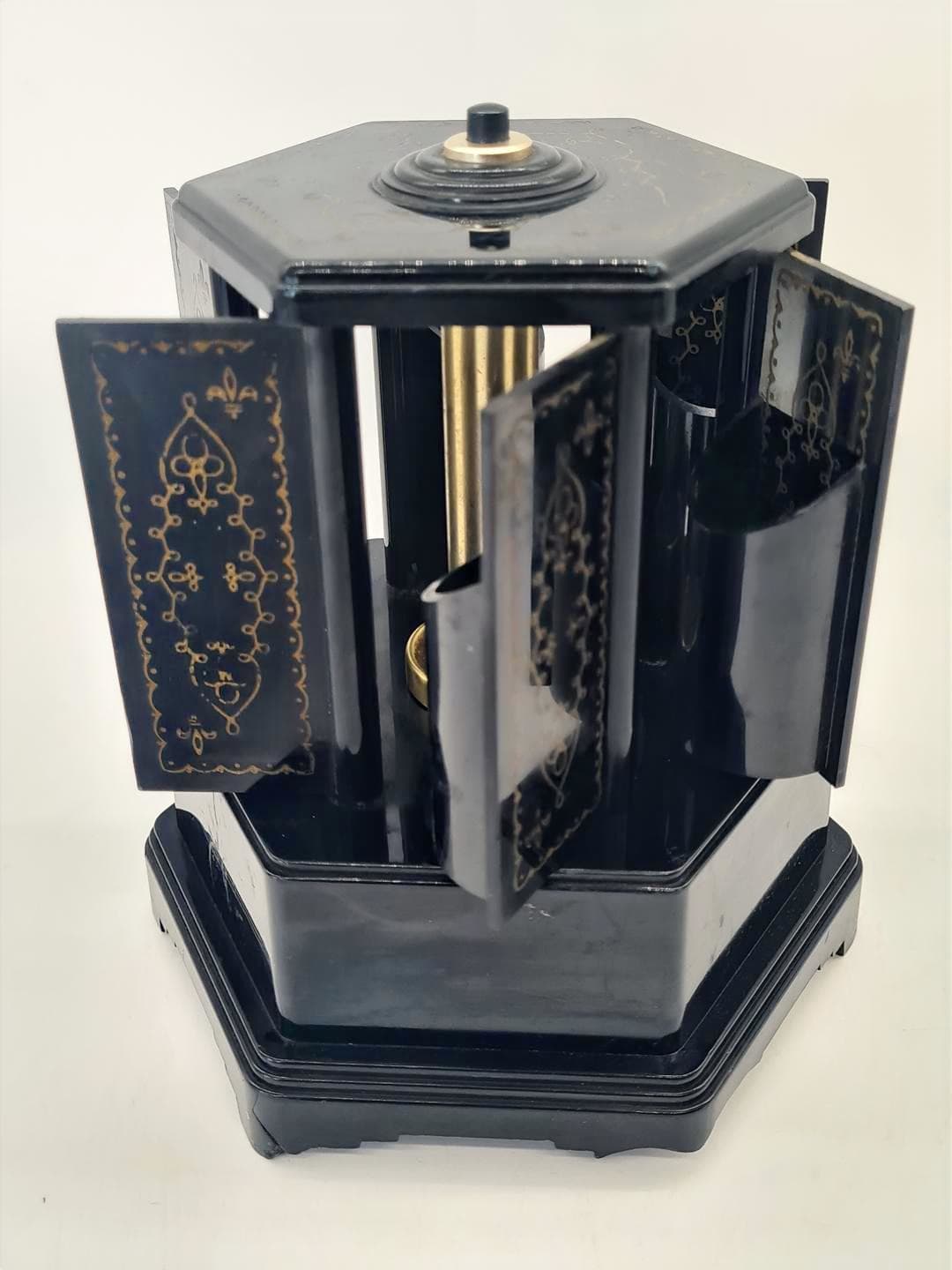 Cigarette dispenser with music box, black gold plastic, Selcol, England, 1960s. - 357210